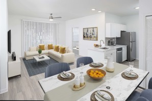 Modern style apartment home at Camden Royal Palms in Brandon, FL with open-concept living and dining space with private patio