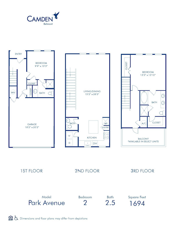 Blueprint of Park Avenue Floor Plan, 2 Bedrooms and 2.5 Bathrooms at Camden Belmont Apartments in Dallas, TX