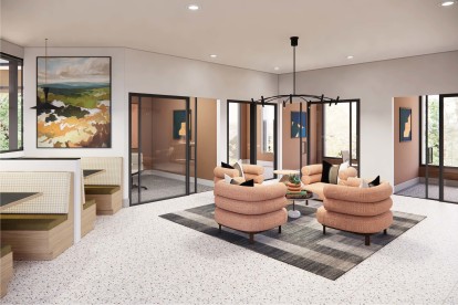 Rendering of newly renovated coworking amenity space with private rooms and meeting spaces at Camden Farmers Market apartments in Dallas, TX.