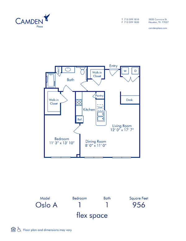 Blueprint of Oslo A Floor Plan, 1 Bedroom and 1 Bathroom at Camden Plaza Apartments in Houston, TX