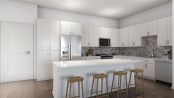 White contemporary finish style kitchen with herringbone backsplash and flat-front cabinetry