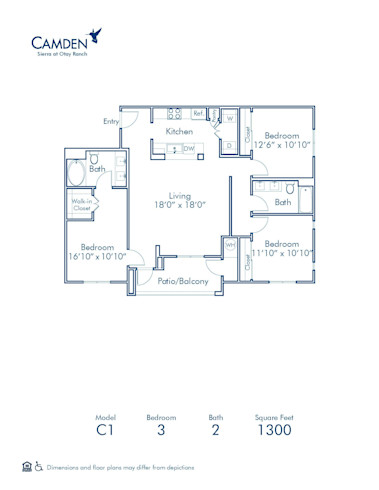 Blueprint of C1 Floor Plan, 3 Bedrooms and 2 Bathrooms at Camden Sierra at Otay Ranch Apartments in Chula Vista, CA