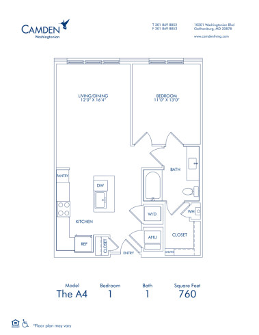 Blueprint of The A4, 1 Bedroom 1 Bathroom Floor Plan at Camden Washingtonian Apartments in Gaithersburg, MD