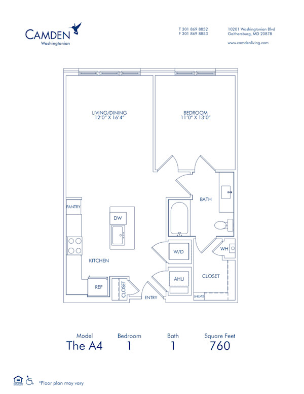 Blueprint of The A4, 1 Bedroom 1 Bathroom Floor Plan at Camden Washingtonian Apartments in Gaithersburg, MD