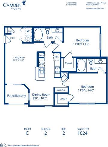 Blueprint of E Floor Plan, 2 Bedrooms and 2 Bathrooms at Camden Holly Springs Apartments in Houston, TX