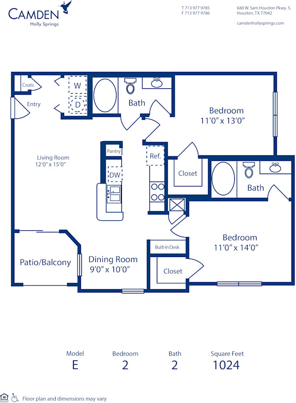 Blueprint of E Floor Plan, 2 Bedrooms and 2 Bathrooms at Camden Holly Springs Apartments in Houston, TX