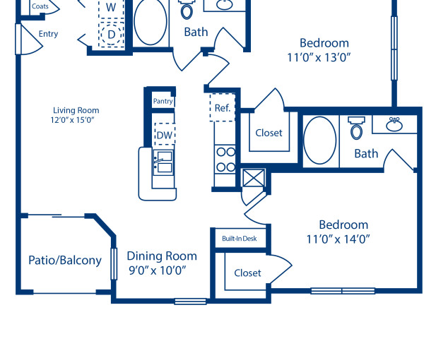 Blueprint of E Floor Plan, 2 Bedrooms and 2 Bathrooms at Camden Holly Springs Apartments in Houston, TX