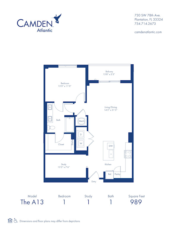 The A13 floor plan, 1 bed, 1 bath apartment home at Camden Atlantic in Plantation, FL