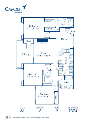 Blueprint of 3A Floor Plan, 3 Bedrooms and 2 Bathrooms at Camden Montierra Apartments in Scottsdale, AZ