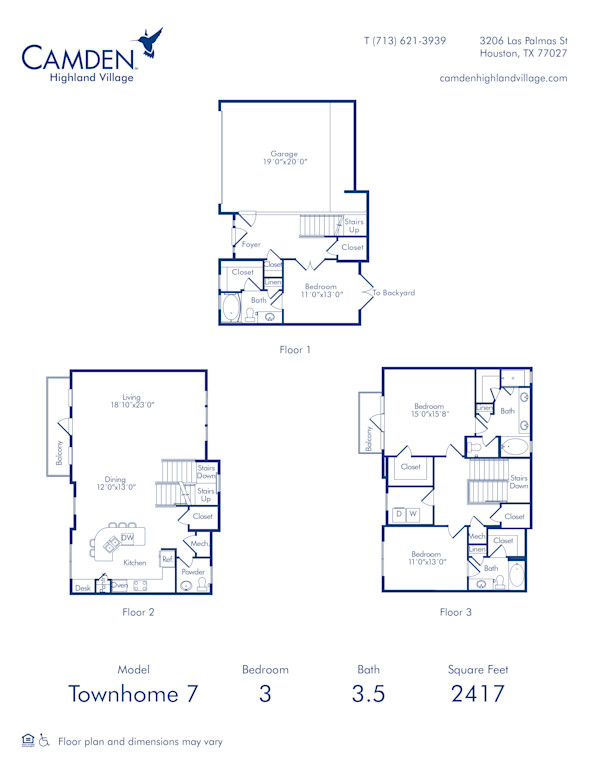 Camden Highland Village apartments in Houston, TX three bedroom townhome 7 blueprint