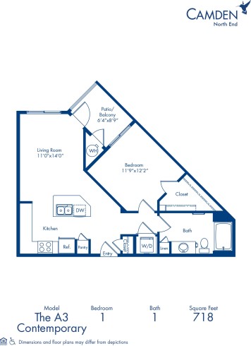 Blueprint of A3 Floor Plan, Apartment Home with 1 Bedroom and 1 Bathroom at Camden North End in Phoenix, AZ