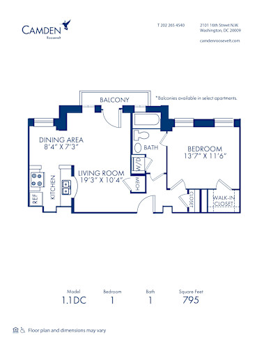 Blueprint of 1.1DC Floor Plan, Apartment Home with 1 Bedroom and 1 Bathroom at Camden Roosevelt in Washington, DC