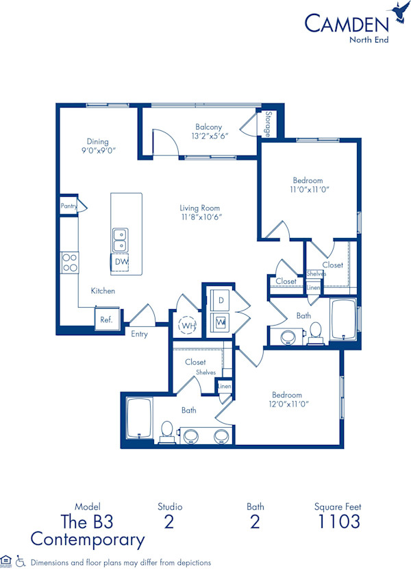 Blueprint of The B3 Floor Plan, Apartment Home with 2 Bedrooms and 2 Bathrooms at Camden North End in Phoenix, AZ