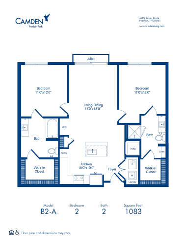 Camden Franklin Park apartments two bedroom floor plan B2-A