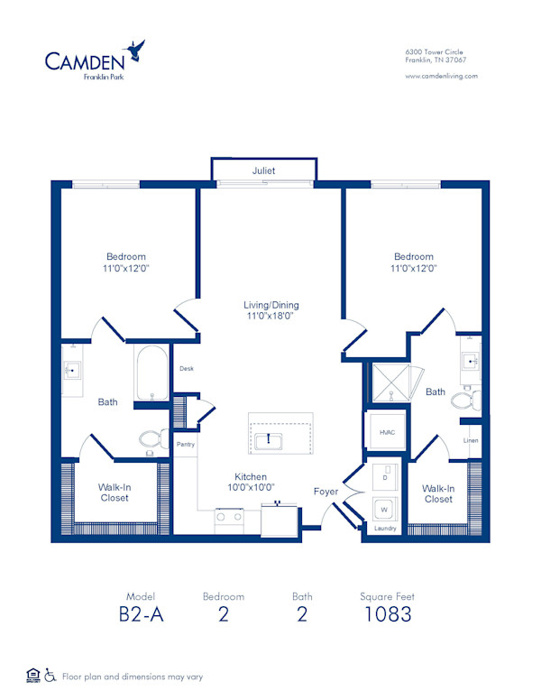 Camden Franklin Park apartments two bedroom floor plan B2-A