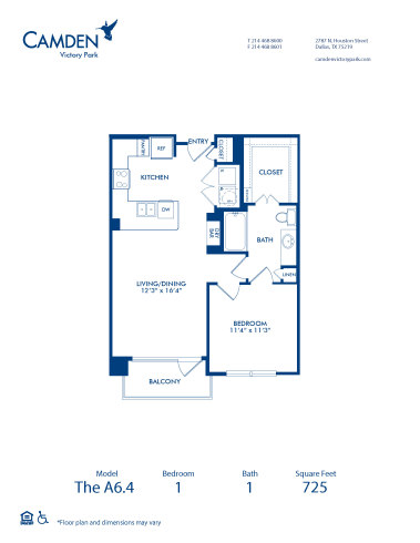 Blueprint of A6.4 Floor Plan, 1 Bedroom and 1 Bathroom at Camden Victory Park Apartments in Dallas, TX