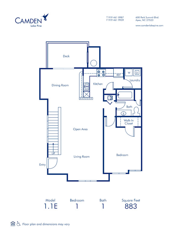 Blueprint of 1.1E Floor Plan, 1 Bedroom and 1 Bathroom at Camden Lake Pine Apartments in Apex, NC
