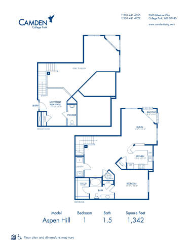 Blueprint of Aspen Hill Floor Plan, 1 Bedroom and 1.5 Bathrooms at Camden College Park Apartments in College Park, MD