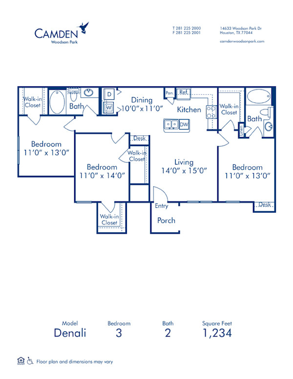 Blueprint of Denali Floor Plan, 3 Bedrooms and 2 Bathrooms at Camden Woodson Park Apartments in Houston, TX
