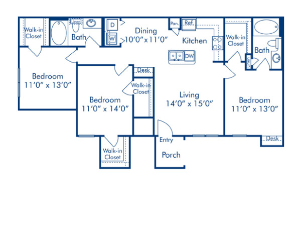 Blueprint of Denali Floor Plan, 3 Bedrooms and 2 Bathrooms at Camden Woodson Park Apartments in Houston, TX