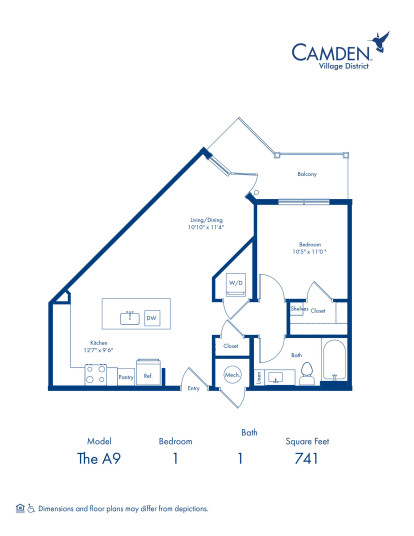 The A9 floorplan - one bedroom x one bathroom at Camden Village District in Raleigh, NC 