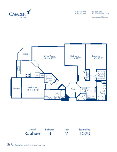 Blueprint of Raphael Floor Plan, 3 Bedrooms and 2 Bathrooms at Camden Las Olas Apartments in Fort Lauderdale, FL