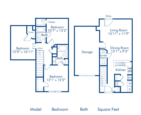 Blueprint of Wisteria Floor Plan, 3 Bedrooms and 2.5 Bathrooms at Camden Deerfield Apartments in Alpharetta, GA