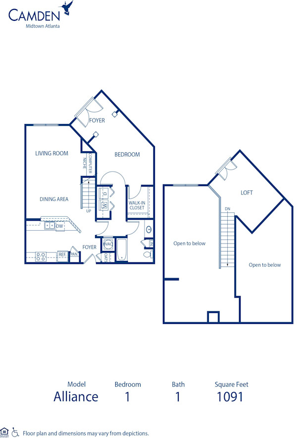 Blueprint of Alliance Floor Plan, 1 Bedroom and 1 Bathroom at Camden Midtown Atlanta Apartments in Atlanta, GA