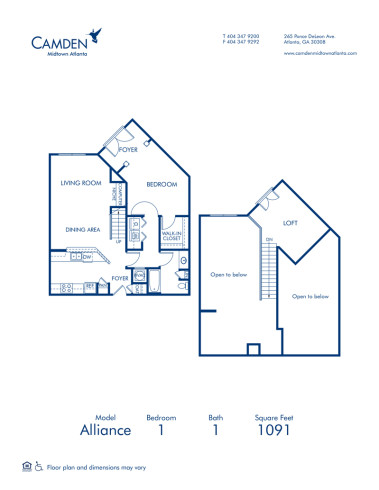 Blueprint of Alliance Floor Plan, 1 Bedroom and 1 Bathroom at Camden Midtown Atlanta Apartments in Atlanta, GA