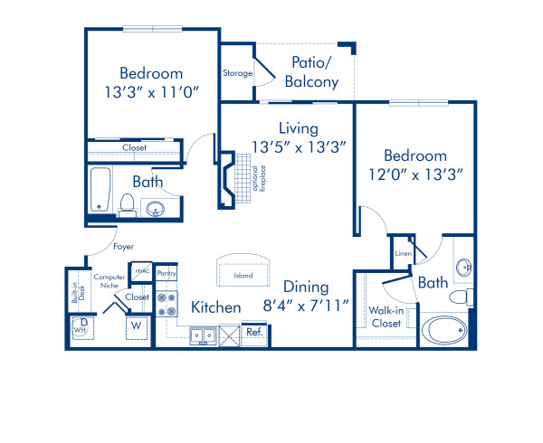 Blueprint of B1.2 Floor Plan, 2 Bedrooms and 2 Bathrooms at Camden Asbury Village Apartments in Raleigh, NC