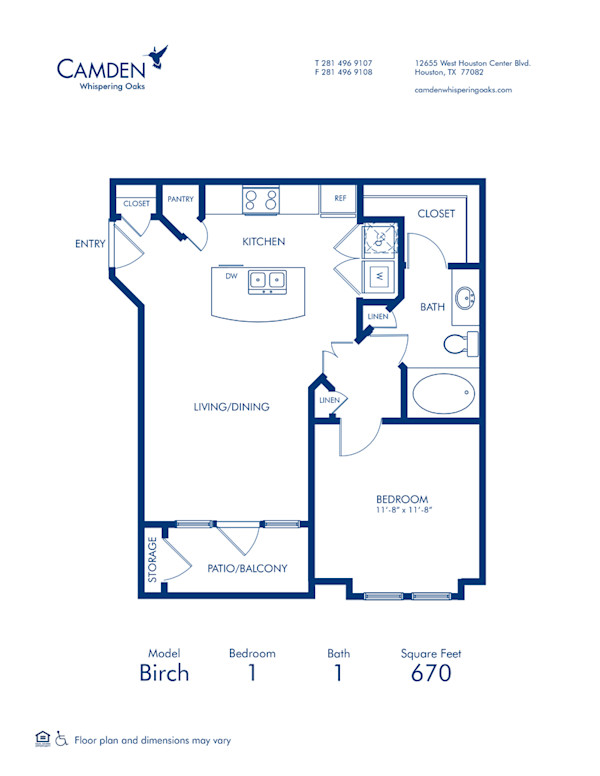 Blueprint of Birch Floor Plan, 1 Bedroom and 1 Bathroom at Camden Whispering Oaks Apartments in Houston, TX