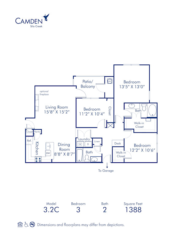 Blueprint of 3.2C Floor Plan, 3 Bedrooms and 2 Bathrooms at Camden Silo Creek Apartments in Ashburn, VA