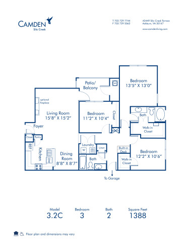 Blueprint of 3.2C Floor Plan, 3 Bedrooms and 2 Bathrooms at Camden Silo Creek Apartments in Ashburn, VA