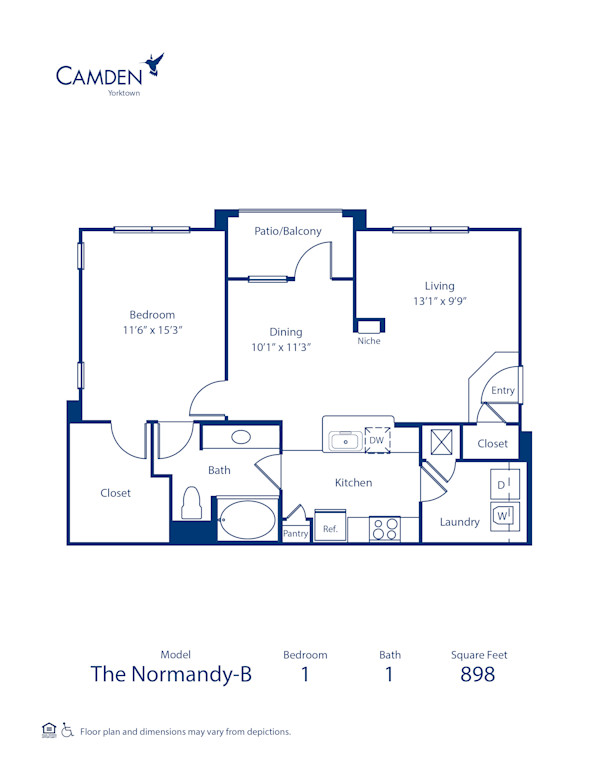 Blueprint of Normandy B Floor Plan, 1 Bedroom and 1 Bathroom at Camden Yorktown Apartments in Houston, TX