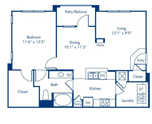 Blueprint of Normandy B Floor Plan, 1 Bedroom and 1 Bathroom at Camden Yorktown Apartments in Houston, TX