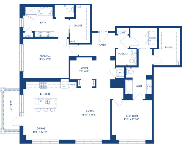 Blueprint of Whitewater Floor Plan, 2 Bedrooms and 2.5 Bathrooms at Camden Paces Apartments in Atlanta, GA