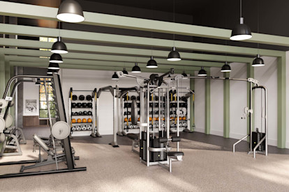 Rendering of the 24-hour fitness center with strength and cardio machines and equipment at Camden Nations apartments in Nashville, TN
