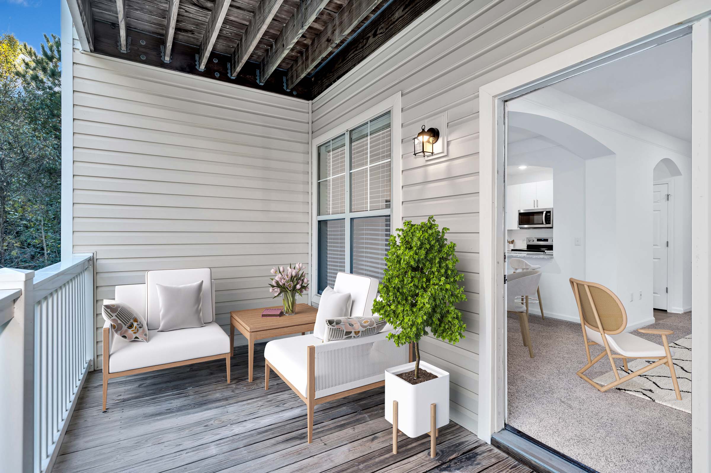 Private balcony off living room in apartment home at Camden Crest in Raleigh, NC