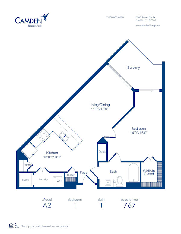 Camden Franklin Park apartments one bedroom floor plan A2