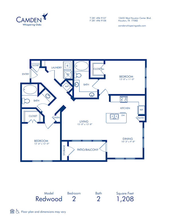 Blueprint of Redwood Floor Plan, 2 Bedrooms and 2 Bathrooms at Camden Whispering Oaks Apartments in Houston, TX