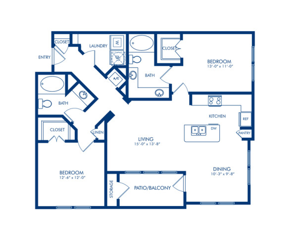 Blueprint of Redwood Floor Plan, 2 Bedrooms and 2 Bathrooms at Camden Whispering Oaks Apartments in Houston, TX