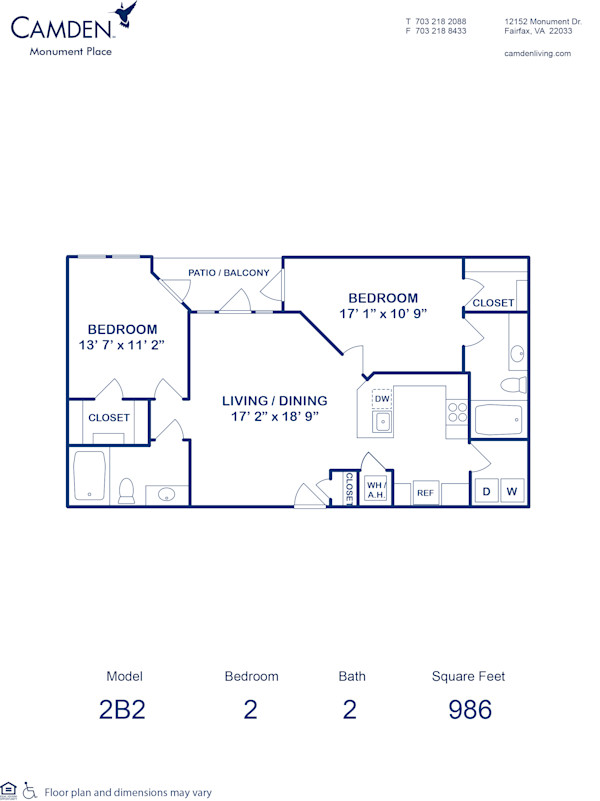 Blueprint of 2B2 Floor Plan, 2 Bedrooms and 2 Bathrooms at Camden Monument Place Apartments in Fairfax, VA
