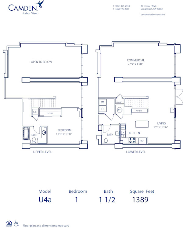 Blueprint of U4A - Loft-style Floor Plan, 1 Bedroom and 1.5 Bathrooms at Camden Harbor View Apartments in Long Beach, CA