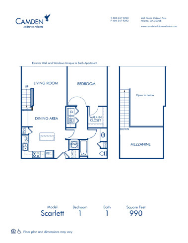 Blueprint of Scarlett Floor Plan, 1 Bedroom and 1 Bathroom at Camden Midtown Atlanta Apartments in Atlanta, GA
