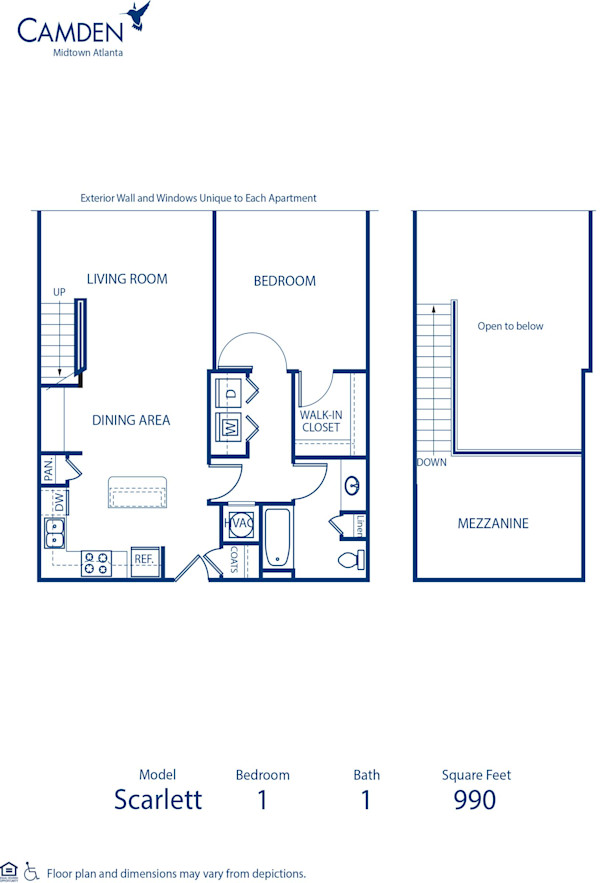 Blueprint of Scarlett Floor Plan, 1 Bedroom and 1 Bathroom at Camden Midtown Atlanta Apartments in Atlanta, GA