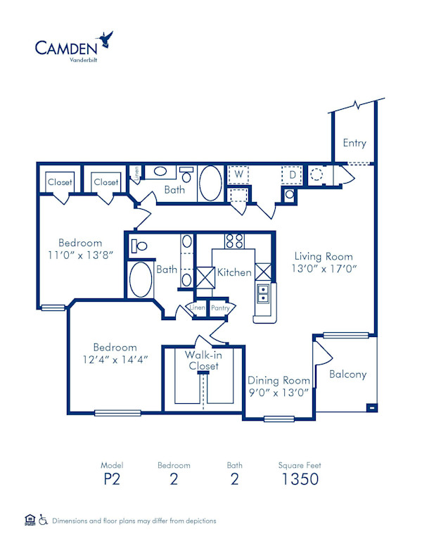 Blueprint of P2 Floor Plan, 2 Bedrooms and 2 Bathrooms at Camden Vanderbilt Apartments in Houston, TX