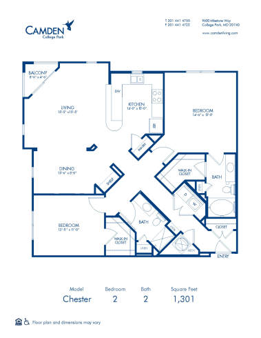 Blueprint of Chester Floor Plan, 2 Bedrooms and 2 Bathrooms at Camden College Park Apartments in College Park, MD