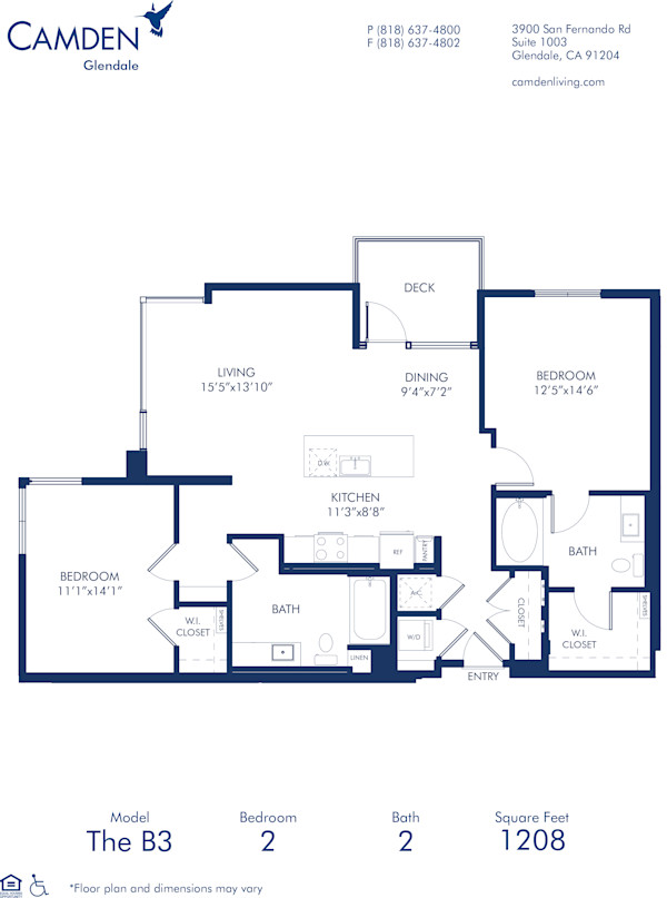 Blueprint of B3 Floor Plan, Apartment Home with 2 Bedrooms and 2 Bathrooms at Camden Glendale in Glendale, CA
