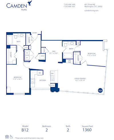 Blueprint of B12 Floor Plan, 2 Bedrooms and 2 Bathrooms at Camden NoMa Apartments in Washington, DC