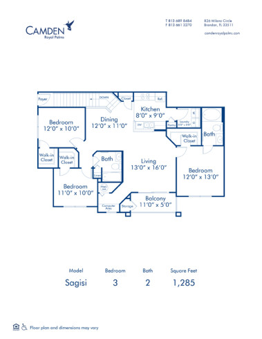 Blueprint of Sagisi Floor Plan, 3 Bedrooms and 2 Bathrooms at Camden Royal Palms Apartments in Brandon, FL